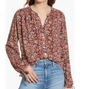 Faherty Everleigh Tie Cuff Top Burgundy Floral Print‎ Long Sleeve Viscose Small